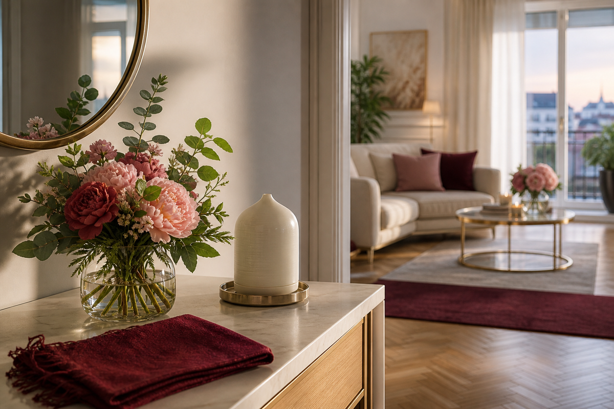 Elegáns vendégváró nappali friss lakásillattal Cannes-i divathangulatban