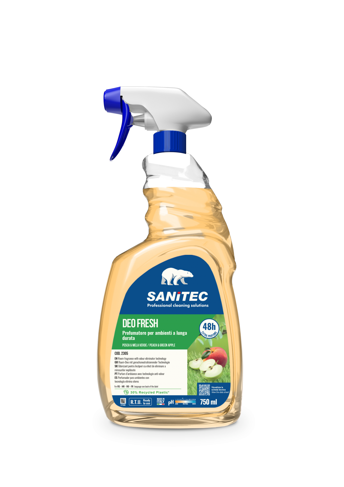 Textil és légfrissítő őszibarack–zöldalma illattal 750 ml – Sanitec Deo Fresh Pesca & Mela Verde 2305-S