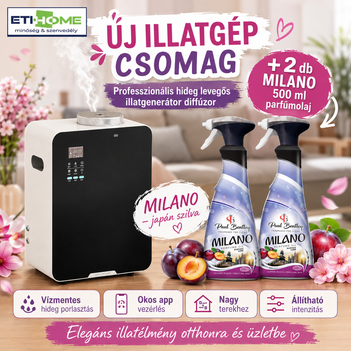 -65% Prémium Illatgenerátor diffúzor + 2x ajándék választható 500ml parfümolajjal