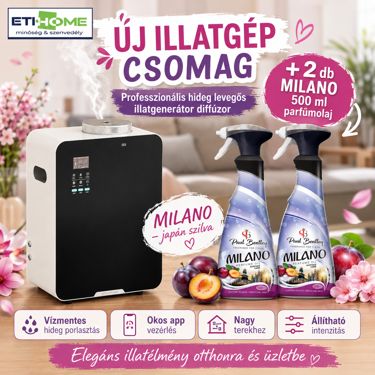 -65% Prémium Illatgenerátor diffúzor + 2x ajándék választható 500ml parfümolajjal