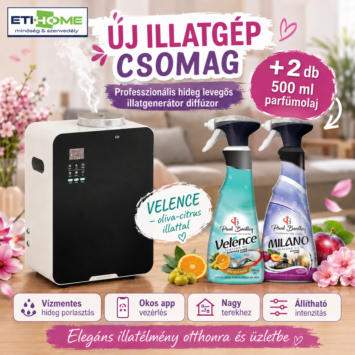-65% Prémium Illatgenerátor diffúzor + 2x ajándék választható 500ml parfümolajjal