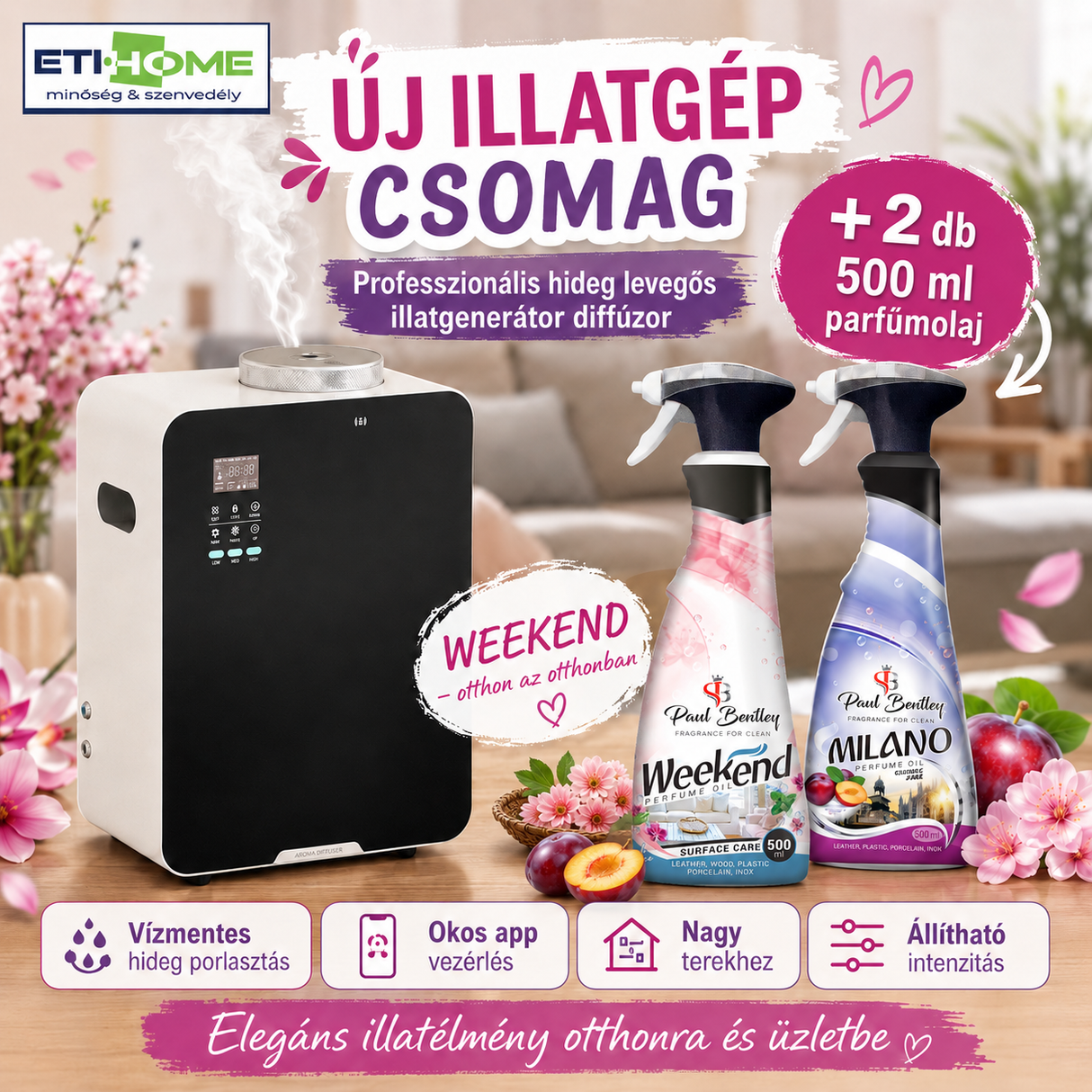-65% Prémium Illatgenerátor diffúzor + 2x ajándék választható 500ml parfümolajjal