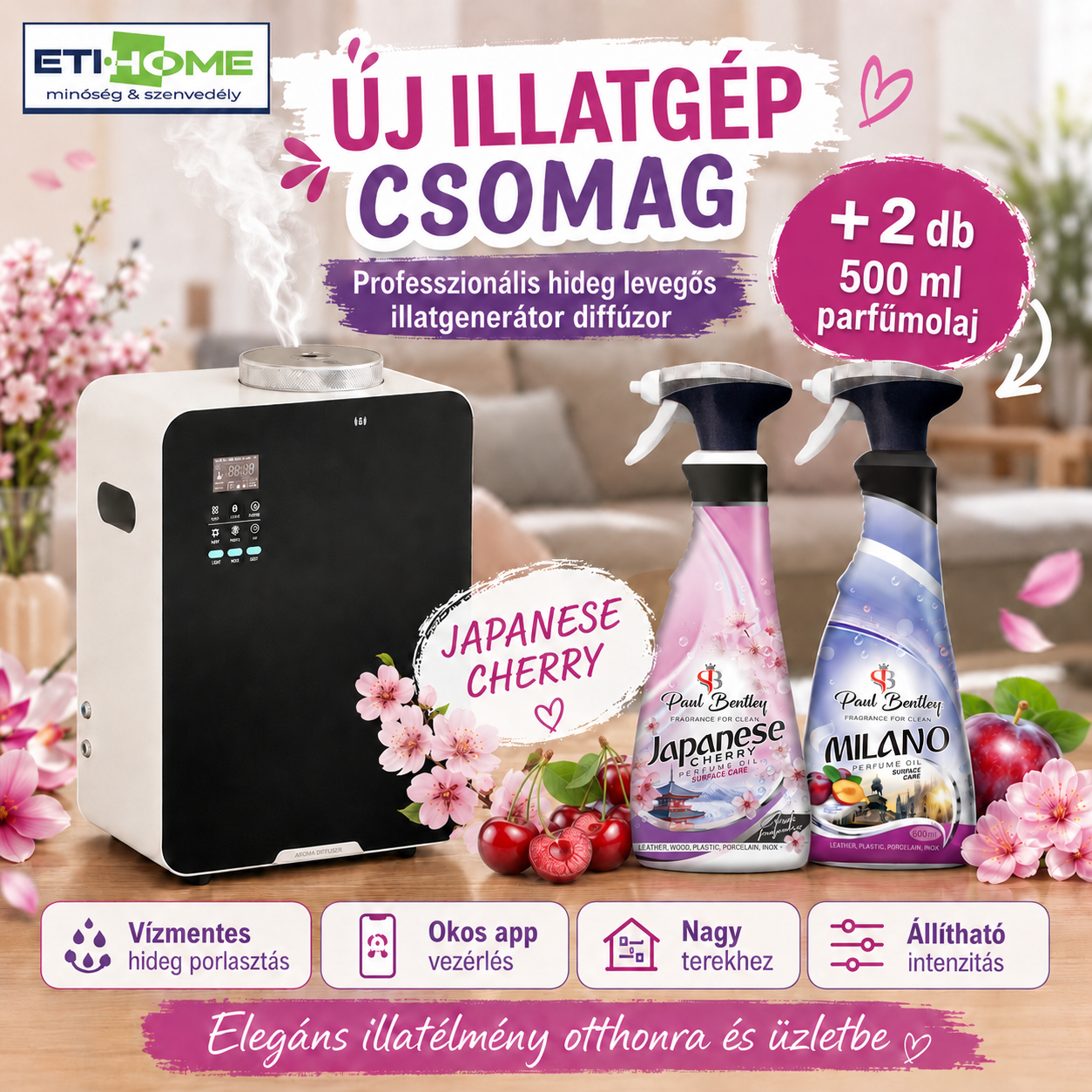 -65% Prémium Illatgenerátor diffúzor + 2x ajándék választható 500ml parfümolajjal