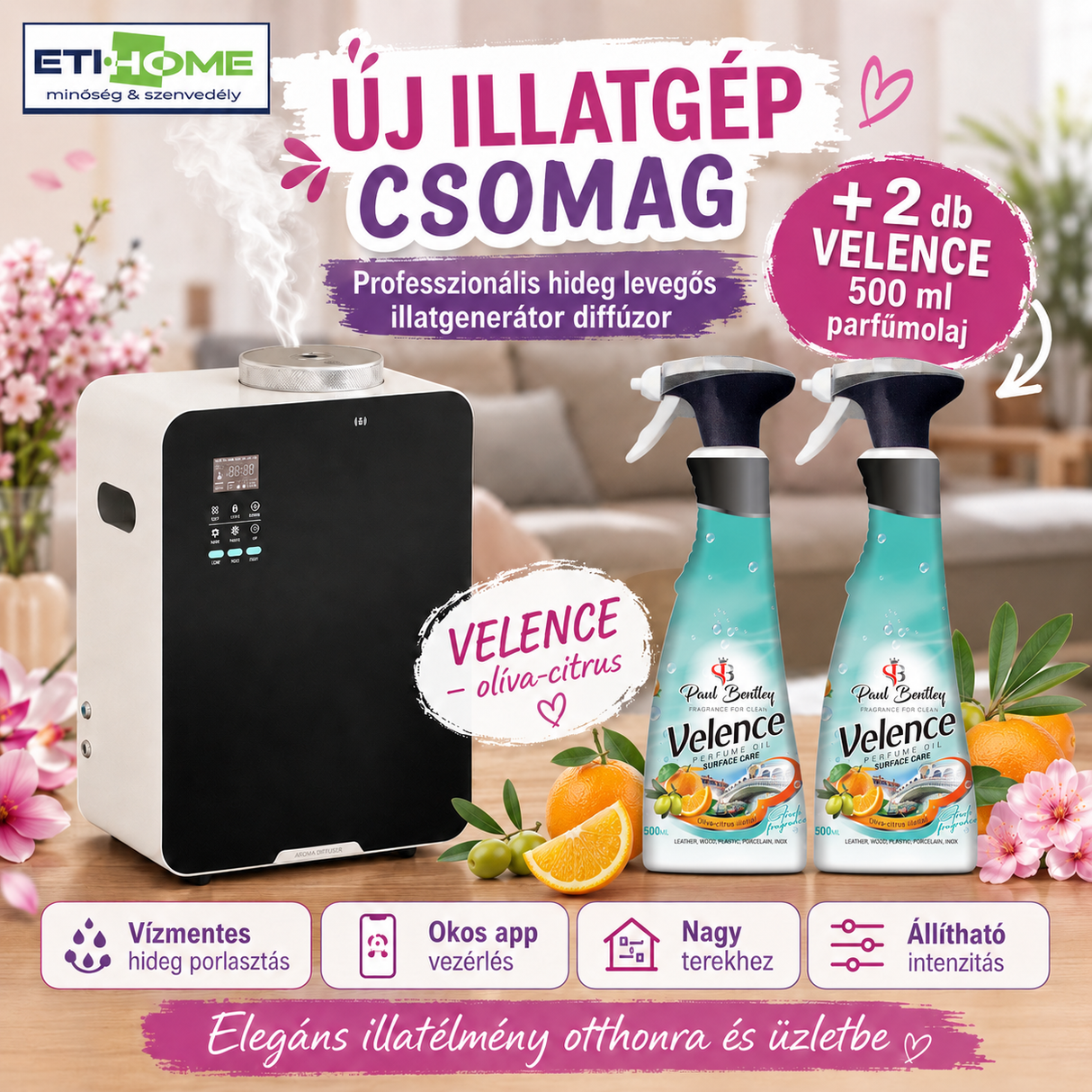 -65% Prémium Illatgenerátor diffúzor + 2x ajándék választható 500ml parfümolajjal