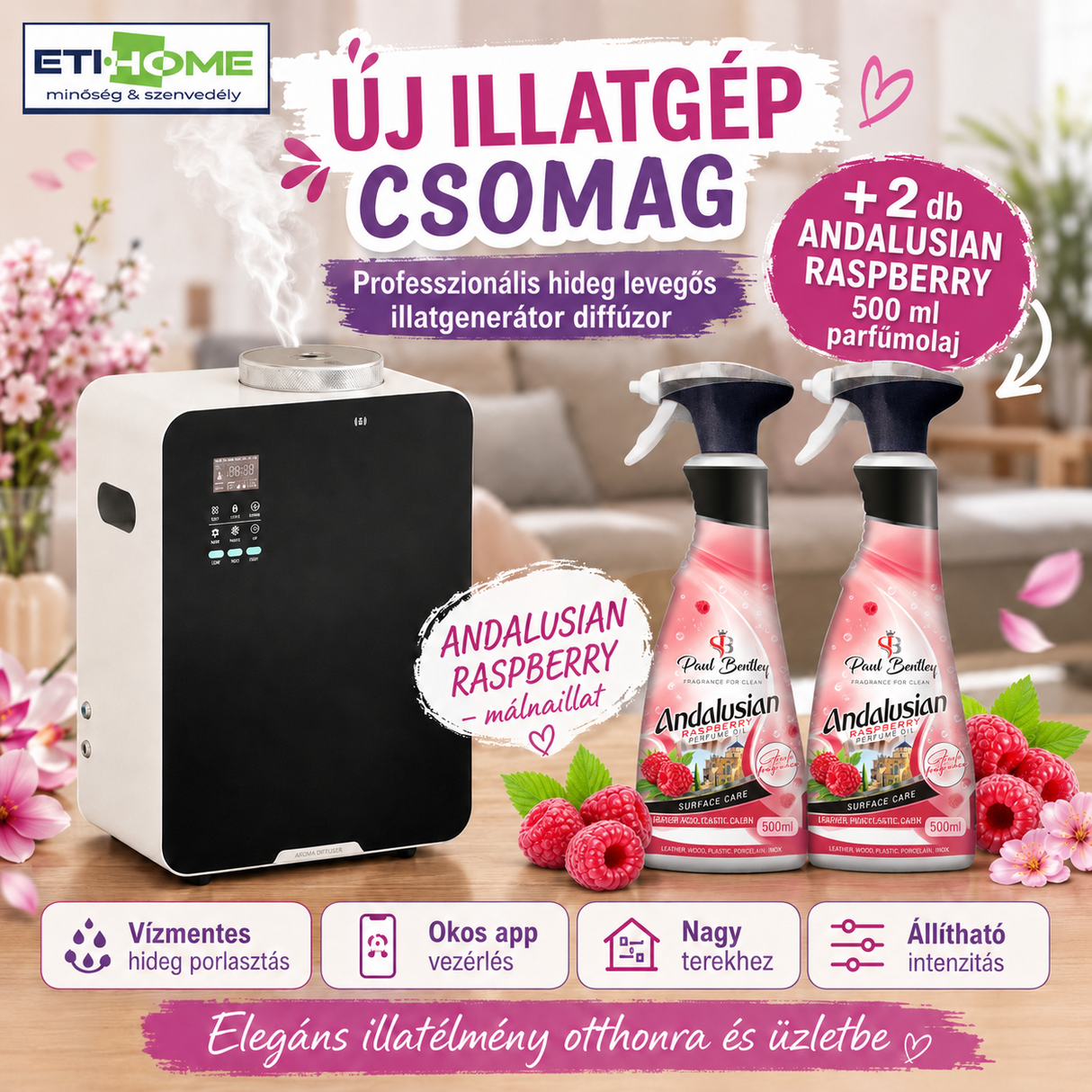 -65% Prémium Illatgenerátor diffúzor + 2x ajándék választható 500ml parfümolajjal