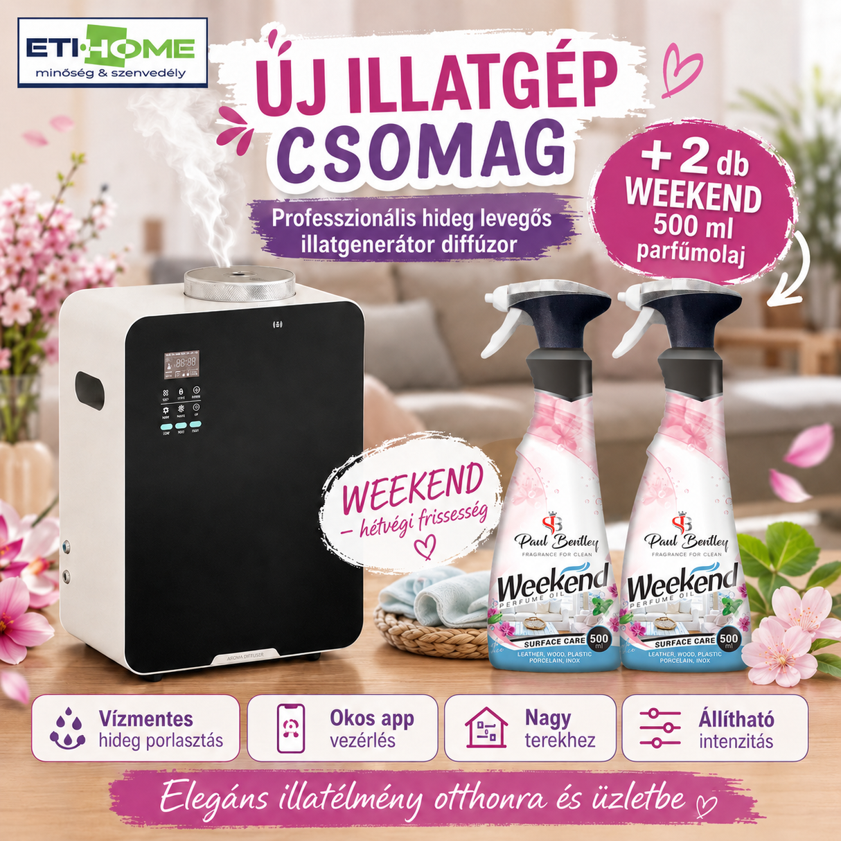 -65% Prémium Illatgenerátor diffúzor + 2x ajándék választható 500ml parfümolajjal