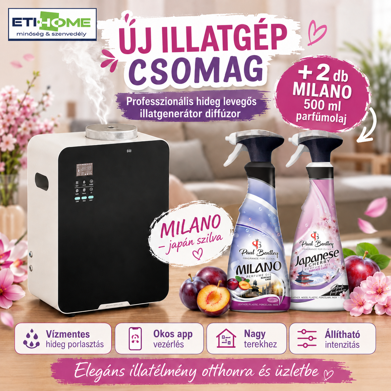 -65% Prémium Illatgenerátor diffúzor + 2x ajándék választható 500ml parfümolajjal