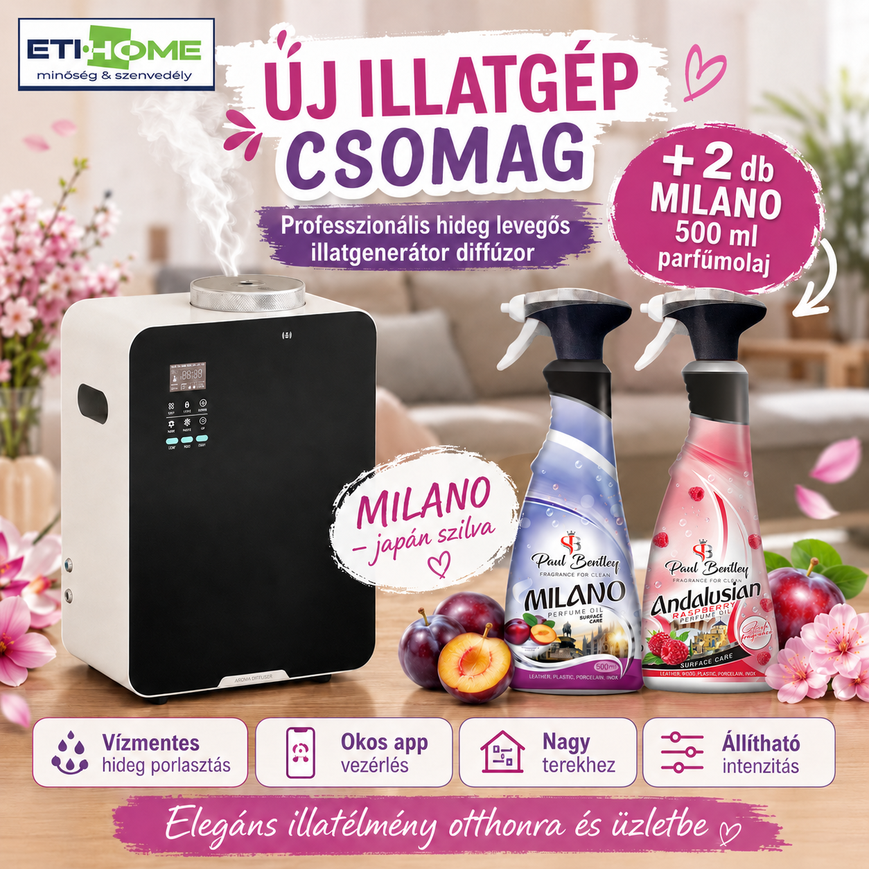 -65% Prémium Illatgenerátor diffúzor + 2x ajándék választható 500ml parfümolajjal