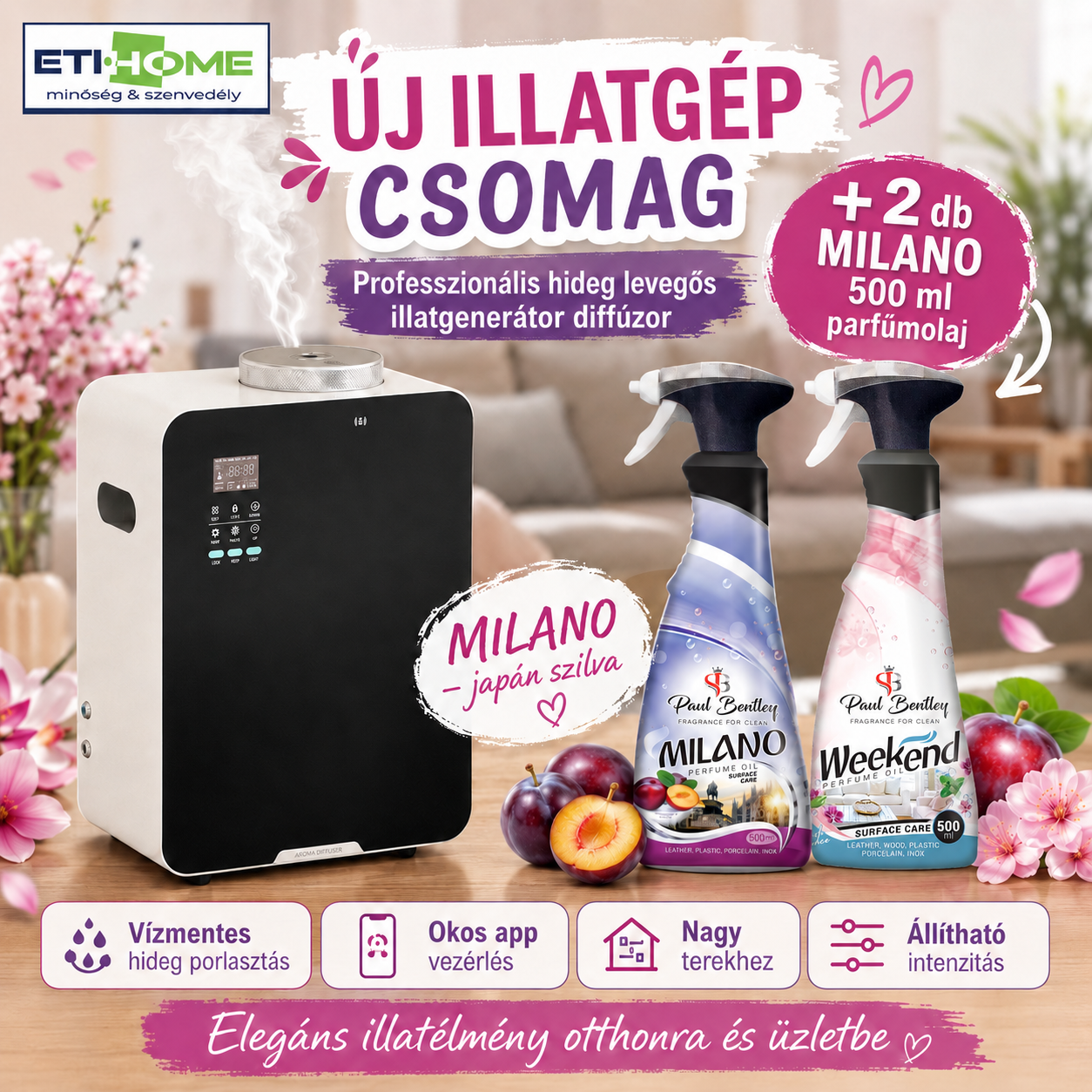 -65% Prémium Illatgenerátor diffúzor + 2x ajándék választható 500ml parfümolajjal