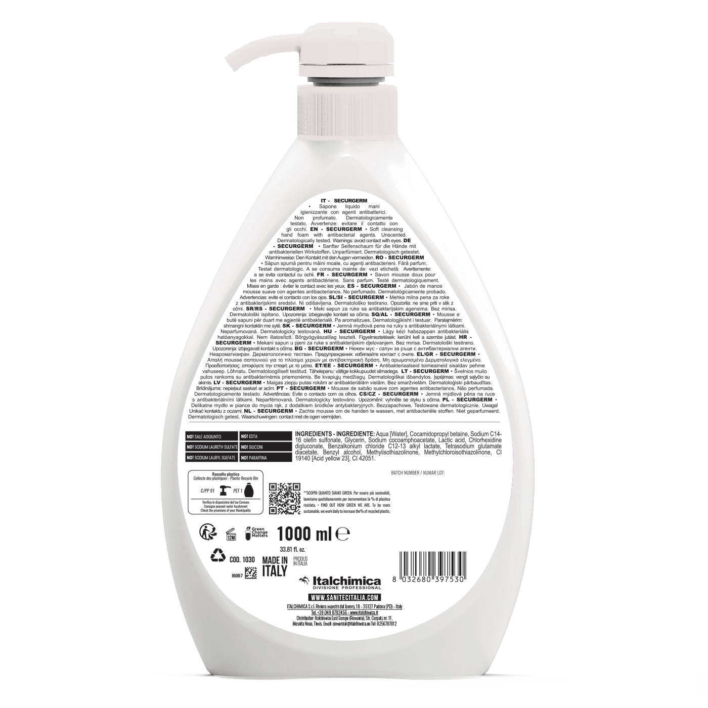 Illatmentes, antibakteriális folyékony kézmosó szappan pumpás adagolóval 1000 ml - Sanitec Securgerm 1030