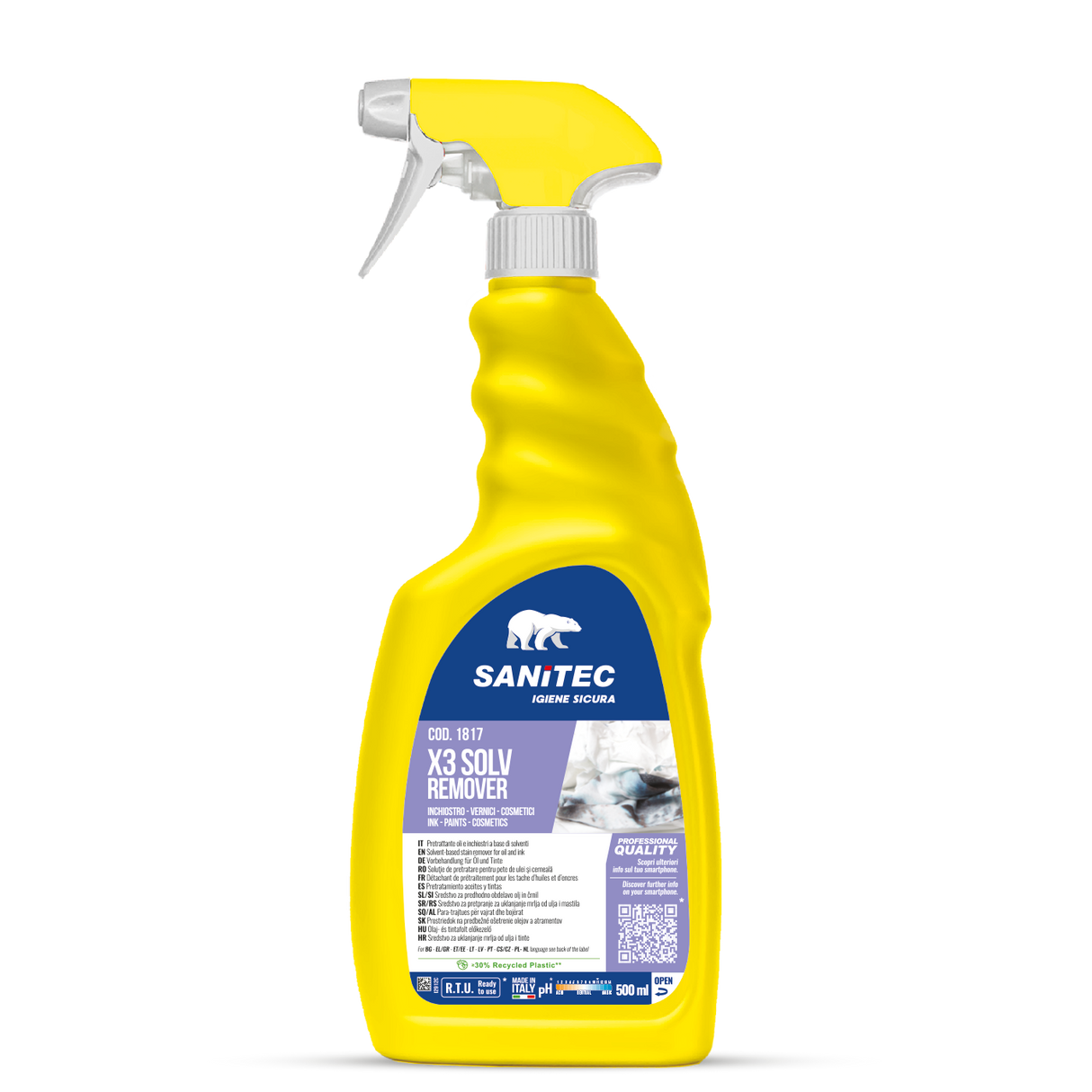 Oldószer alapú előkezelő spray olajos és tintafoltos szennyeződéshez 500 ml - Sanitec X3 Solv Remover 1817