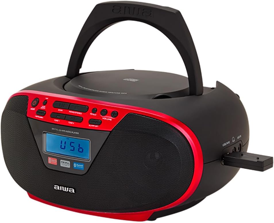 Aiwa BBTU-400RD Hordozható CD rádió, Bluetooth, USB bemenettel, órával és ébresztőórával