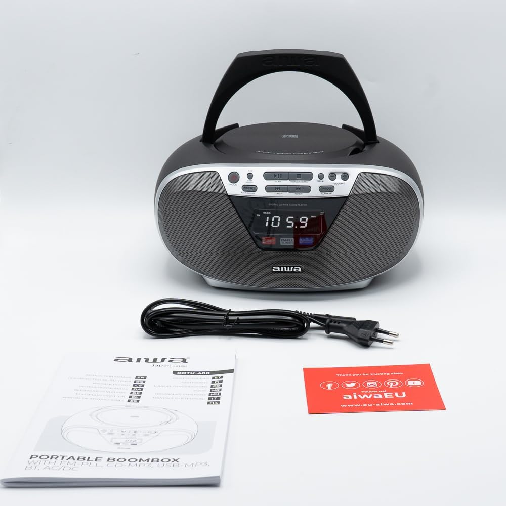 Aiwa BBTU-400SL Hordozható CD rádió, Bluetooth, USB bemenettel, órával és ébresztőórával